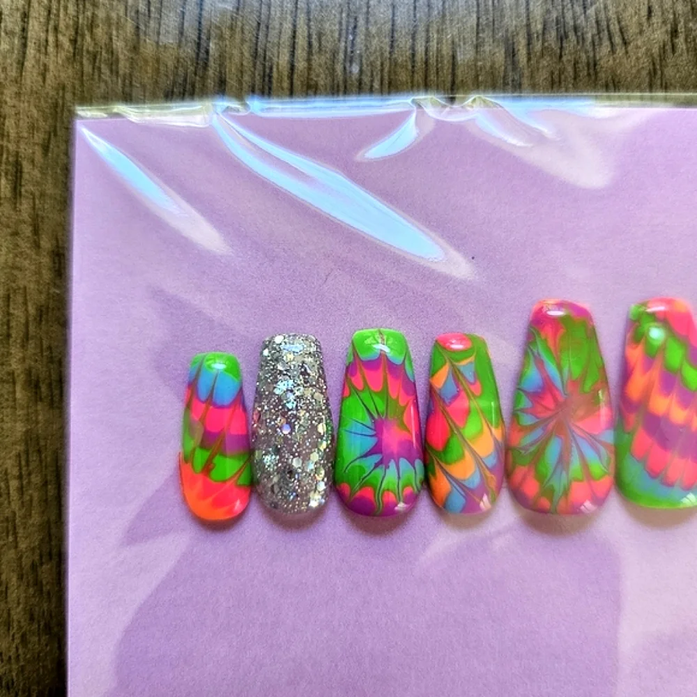 Neon Tie Dye and Glitter Press-On Nails